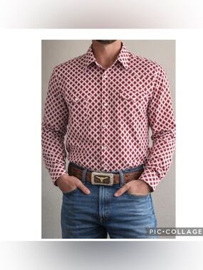 Montero Western Pearl Snap Shirt Red Print Cowboy Rodeo 3X (Fits XL)